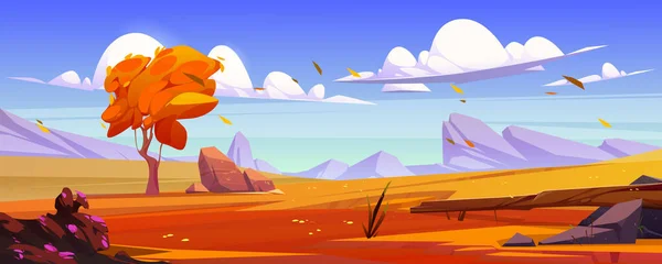 Cartoon autumn landscape, mountain valley nature background with orange rocky plain under blue sky with clouds, falling leaves and stones, beautiful scenery fall scenic view, Vector illustration