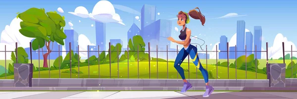 都市公園で女性のジョギング ヘッドセットで女の子をフィットスポーツランニング活動 屋外夏の運動 マラソンを得る 健康的なライフスタイル ワークアウトのアスリートスポーツ女性のジョギング 漫画のベクトルイラスト — ストックベクタ