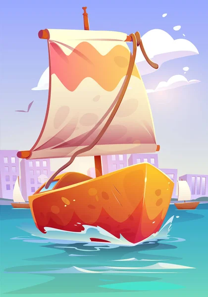Wunderschönes Cartoon Boot Das Auf Einer Klaren Blauen Wasseroberfläche Segelt — Stockvektor