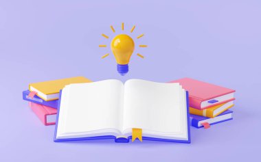 3D görüntüleme, bilgi konsepti, açık kitap, parlayan ampul ve istiflenmiş ders kitapları. Eğitim, okul öğrenimi, yaratıcı fikir, karikatür plastik stilinde ilham.