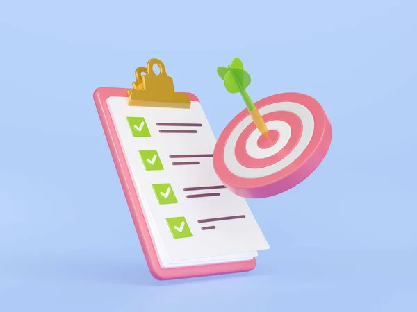 3d render checklist with target bullseye and arrow in aim. Check list on clipboard with tick marks. Business concept of goal achievement, success and progress, Cartoon Illustration in plastic style