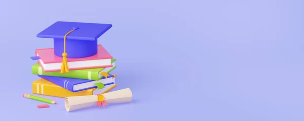 Rendu Casquette Graduation Livres Diplôme Pile Colorée Littérature Certificat Académique — Photo