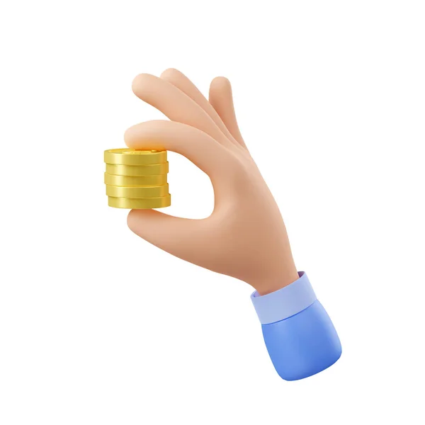 3D渲染手与金钱 黄金硬币堆叠在手指之间隔离的白色背景 支付交易 货币兑换 利润的概念 卡通塑料风格的图解 — 图库照片