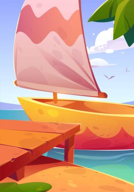 Ahşap iskelede tekne, beyaz yelkenli yelkenli, ahşap rıhtımlı tropik adaya demirli. Deniz, gökyüzü, bulutlar ve kuşlarla birlikte yaz okyanus manzarasında deniz taşımacılığı, Çizgi film vektör çizimi