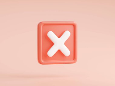 3 boyutlu işaretleme simgesi izole edildi. X sembolü, iptal, hata, silme düğmesi, kırmızı karede yasak işaret. Yasak, pembe arkaplanda sayfa ögesi, plastik stilde çizgi film illüstrasyonu