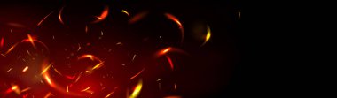 Kırmızı kıvılcımlar siyah arkaplanı örtüyor. Geceleri havada uçuşan kor parçacıklarıyla yanan kamp ateşi. Soyut büyü parıltısı, enerji parıltısı ve parlayan gerçekçi 3D vektör çizimi