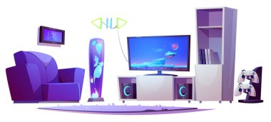 Oda içi eşyalar, mobilyalar ve tecrit edilmiş eşyalar. Koltuk, plazmik lamba, halı, dolap ve dijital saat, ekranda video oyunu, konsol ve oyun pedleri olan TV seti, Çizgi film vektör çizimi