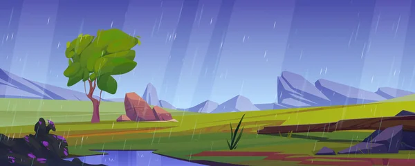 Summer meadow in mountain valley in rain. Countryside landscape with green grass, tree, stones, log and rocks on horizon in rainy weather, vector cartoon illustration