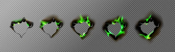 Kağıtlarda Yanmış Delikler Yeşil Ateş Kavrulmuş Kenarlarda Siyah Kül Sihirli — Stok Vektör
