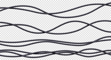 Gerçekçi kablolar, beyaz arka planda plastik örgülü siyah esnek elektrik kabloları. Elektrik veya ağ hattı, bağlantı ve haberleşme ekipmanları, 3d vektör illüstrasyonu