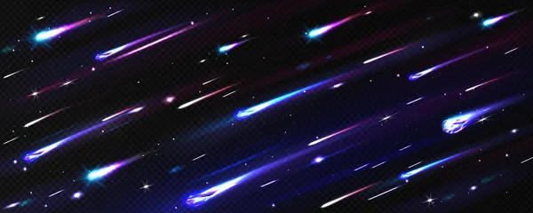 流星雨 小行星或流星雨在天空中飘扬 发光彗星与火焰路径隔离在透明的背景 坠落的流星 燃烧的火球 现实的矢量图解 — 图库矢量图片