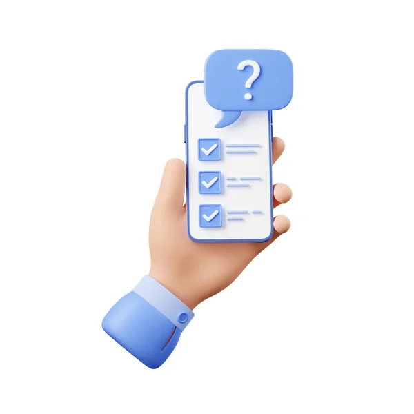 Hand Hålla Mobiltelefon Med Checklista Skärmen Och Frågetecken Ikon Online — Stockfoto