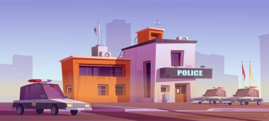Devriye arabalı çizgi film karakolu binası. Arka planda polis merkezinin ve şehir siluetinin vektör çizimi var. Kolluk kuvvetleri ve kamu düzeni koruması. Güvenlik görevlisi.