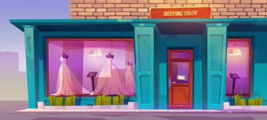 Mankenlerde beyaz önlüklü düğün salonu, büyük ışıklı vitrinlerde mücevher aksesuarları. Şehir caddesindeki gelinlik mağazasının cephesi. Moda işi. Çizgi film vektör illüstrasyonu