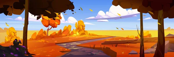 黄色の秋の風景 漫画のベクトルイラスト 広い畑を走る農村道路が続く美しい自然景観 青空の下で木々から葉をはぎ取る風 ふわふわの雲 — ストックベクタ