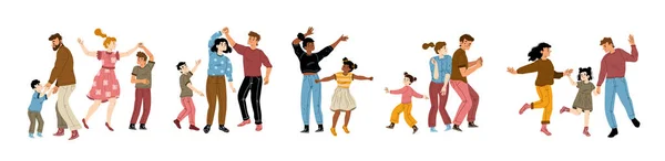 Conjunto Padres Bailando Con Niños Ilustración Vectorial Plana Familias Divirtiéndose — Vector de stock