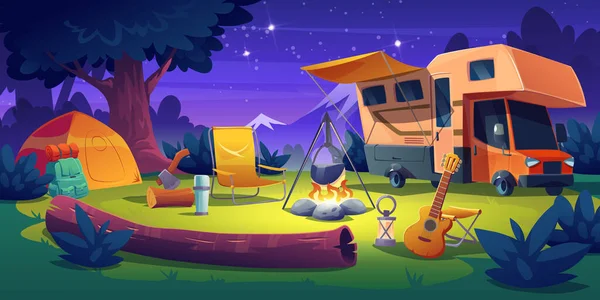Camping Met Trailer Tent Brandend Kampvuur Het Nachtbos Glade Cartoon — Stockvector