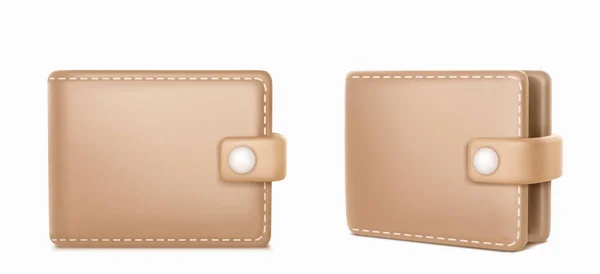 Cartera Cuero Renderizar Vista Frontal Angular Monedero Beige Realista Bolsillo — Vector de stock