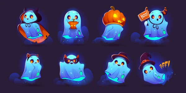 Ensemble Dessins Animés Fantômes Halloween Sur Fond Sombre Personnages Fantomatiques — Image vectorielle