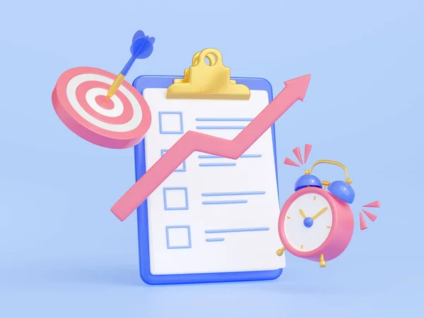 Icon of business target, project tasks list, time management, success strategy. Checklist on clipboard, goal, growth arrow graph and alarm clock, 3d render illustration