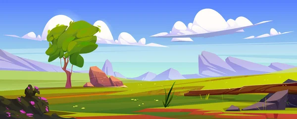 山の谷の美しい緑の牧草地 緑豊かな芝生と夏のフィールドは 雲と穏やかな青空の下で地平線上に石 木や岩の漫画のベクトル図 — ストックベクタ
