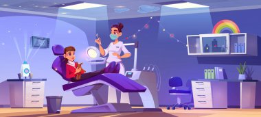 Kid at dentist clinic, little girl with toy sitting on couch at dental office for children. Doctor in medic robe and mask holding mirror for teeth and oral cavity checkup, Cartoon vector illustration clipart