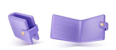 Mor cüzdanın 3 boyutlu tasviri beyaz arka planda açık ve kapalı. Nakit para ve kredi kartı tasarrufu için suç ortağı. Nakit, ödeme, finans ve gelir sembolü. Ui tasarım simgesi