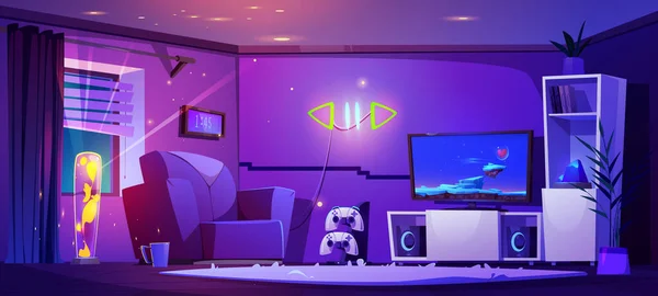 Sala Estar Interior Por Noche Con Muebles Cosas Gamer Sillón — Vector de stock