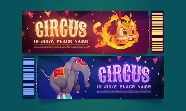Bilhetes Para Circo Com Artistas Animais Cupons Para Desempenho Carnaval —  Vetores de Stock