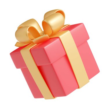 3 boyutlu hediye paketi ve altın kurdele. Arka planda parlak fiyonklu kapalı pembe paket. Tatil sürprizi, doğum günü hediyesi, Noel ya da düğün, gerçekçi illüstrasyon açısı
