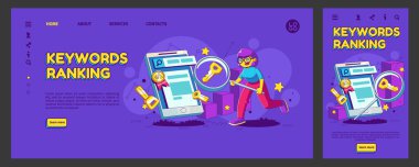 Anahtar kelime indirme sayfası, ui ux mobil uygulama ekran şablonu. Seo analizi, anahtar sözcük bulma medya araştırma araçları. Büyüteçli çağdaş kadın karakter, Çizgi film lineer vektör web pankartı
