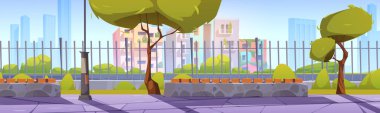 Şehir parkının yaz manzarasında banklar, yeşil çimenler, ağaçlar, sokak ışıkları ve metal çitlerin arkasında eko evler. Kamu bahçesi ve balkonlarında yeşil bitkiler olan binalar, vektör karikatür çizimi