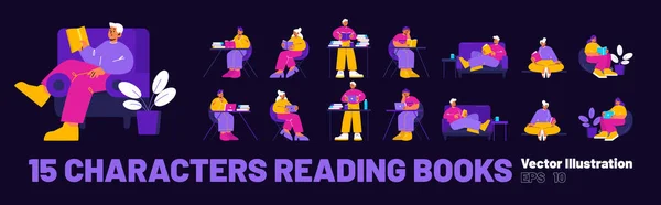 Άνθρωποι Διαβάζουν Βιβλία Καθισμένοι Καρέκλα Καναπέ Στο Τραπέζι Και Όρθιοι — Διανυσματικό Αρχείο