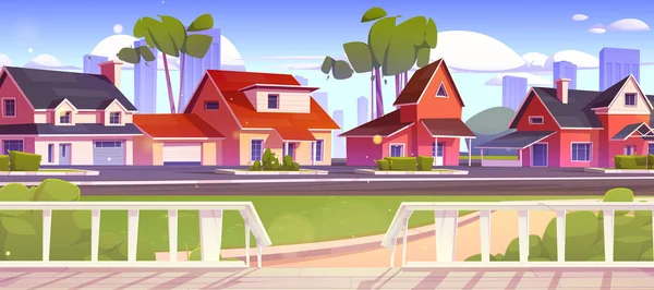 郊外の通りに白い木造の家のポーチ コテージ ガレージ 緑の芝生 水平線のフェンスと都市の高層ビルがある村や郊外地区 ベクトル漫画のイラスト — ストックベクタ