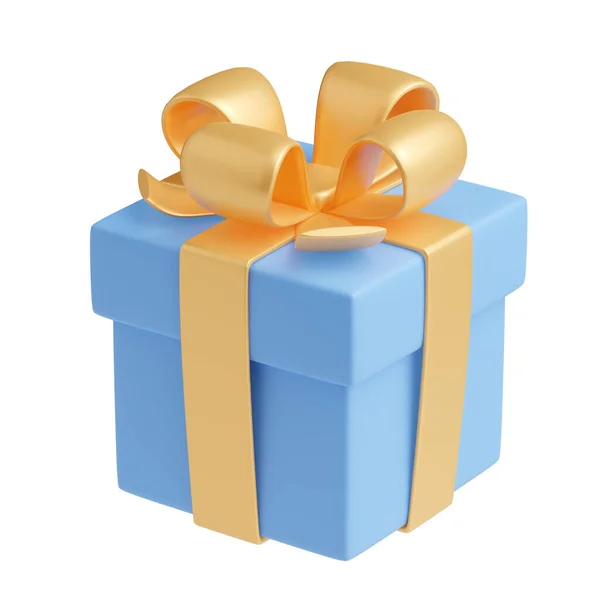 3D渲染蓝色礼品盒与金带 分离包装与光滑的弓 节日礼物 圣诞节 新年或婚礼惊喜 漫画塑料风格的插图 — 图库照片