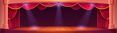 Tiyatronun içinde kırmızı perdeler, spot ışıkları, ahşap zemin ve beyaz sütunlar var. Konser, drama, opera veya performans için boş tiyatro sahnesi, vektör karikatür illüstrasyonu