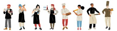 Restoran personeli, ekip şefi, garson, fırıncı ve barista çeşitliliği olan çeşitli karakterler tepsileri ve beyaz arka planda izole edilmiş yemekleri olan üniformalar giyerler, çizgi film düz vektör çizimi