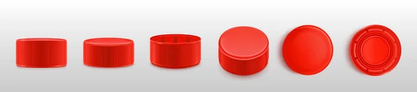 红色瓶盖 现实的塑料盖子转动顶部 底部和侧面的观点位置 饮料容器 在白色背景上分离的设计元素 3D矢量图解 — 图库矢量图片