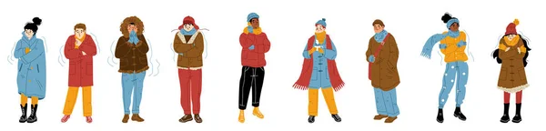 Παγωμένοι Παγωμένοι Άνθρωποι Παγώνουν Και Τρέμουν Μεμονωμένοι Χαρακτήρες Φορούν Ζεστά — Διανυσματικό Αρχείο