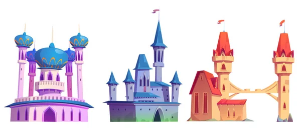 魔法城堡 童话宫殿 有炮塔 桥梁和圆顶 阿拉伯人或欧洲人幻想的皇家城堡 可爱的中世纪建筑孤立在白色背景 卡通矢量图解 — 图库矢量图片