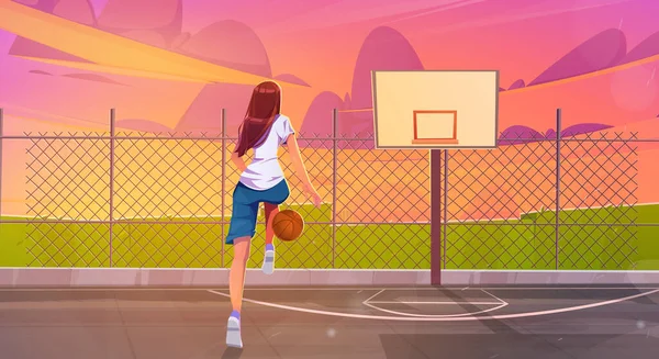 Street basketball court with girl player at evening. Woman athlete running with orange ball and dribble on sport ground with basket and fence, vector cartoon illustration