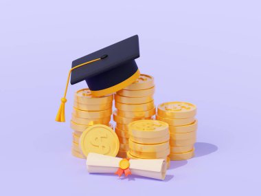 Öğrenci şapkası, para ve diploma. Eğitim kredisi kavramı, burs, akademik eğitim ödemesi. Bozuk para yığını ve rulo sertifikası üzerine siyah mezuniyet şapkası, üç boyutlu resimleme