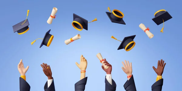 Mezuniyet Şapkaları Diplomalar Havada Uçuşuyor Öğrencilerle Birlikte Eğitimin Sonu Konsepti — Stok fotoğraf
