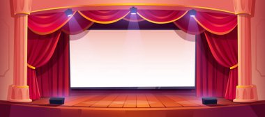 Sinema sahnesi, sinema, ekranlı tiyatro sahnesi, kırmızı perdeler, Roma sütunları ve spot ışıkları. Boş ekran ve aydınlatma ile boş konser salonu içi, Çizgi film vektör illüstrasyonu