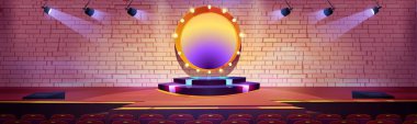 Konser, ödül töreni, müzik şovu, podyum, spot ışıkları ve izleyici sandalyeleriyle komedi yarışması. Etkinlikler için televizyon stüdyosunda boş sahne, performans alanı çizgi film vektör illüstrasyonu