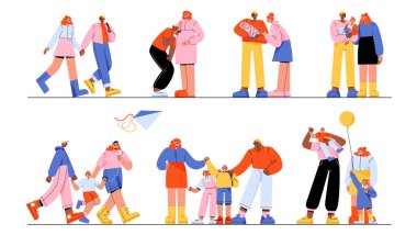 Mutlu aile ilişkileri ve çocuk yetiştirme aşamaları, anne ve baba ebeveynliği. Genç çift birlikte yürüyor, hamilelik, bekleyen çocuk, yeni doğmuş bebeğe, yeni yürümeye başlayan çocuğa ve bebeklere bakıyor.