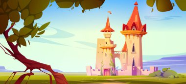 Yaz günü yeşil alanda sihirli kale. Fantezi ortaçağ mimarisi, kuleleri, köprüsü ve tırmanan sarmaşıkları olan bir kale. Peri masalı sarayı ve ağaç Bulanık gökyüzü vektör çizimi altında