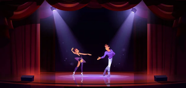 Ballet dancers couple dance on theater stage with red curtains and spotlights. Ballerina in tutu performs with man on scene in light beams, vector cartoon illustration