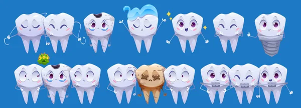 Dents Personnages Dessins Animés Personnages Dentaires Propres Sales Ensemble Isolé — Image vectorielle