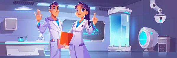 Scientifiques Médecins Dans Laboratoire Futuriste Médecine Personnages Masculins Féminins Peignoir — Image vectorielle